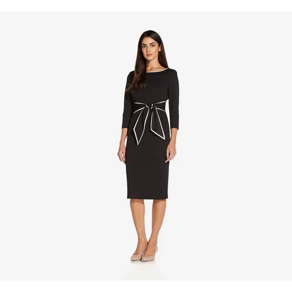 Adrianna Papell Tipped Crepe Tie Dress 16W Black Ivory Sheath Midi NWT - Picture 9 of 10